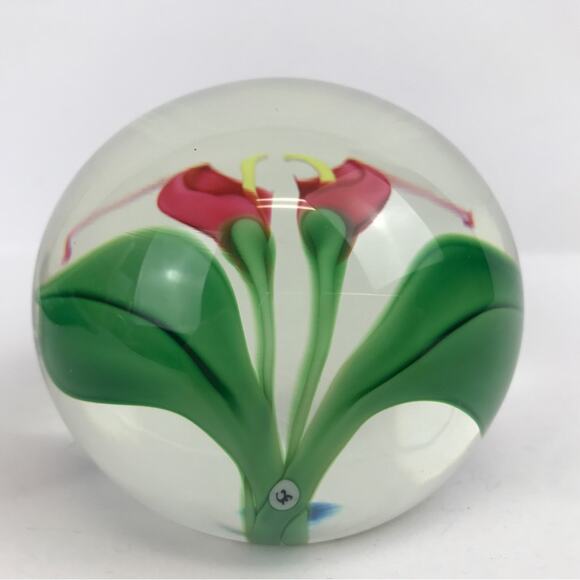 Orient & Flume Pink Callalily Flower Lampwork Paperweight Vintage Beyers Bag COA - Picture 6 of 15